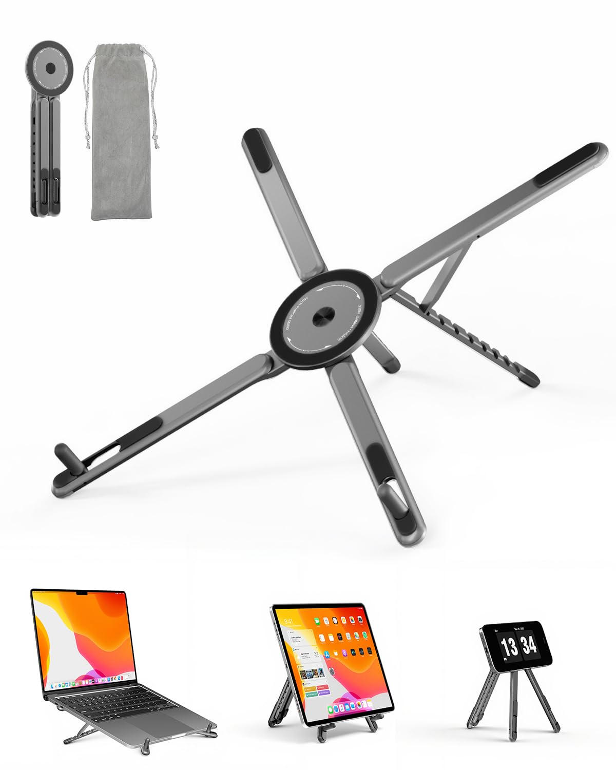 Viozon Portable Laptop Stand for Desk Foldable Adjustable Computer Riser with Magnetic Phone Holder Aluminum Laptop Stand for