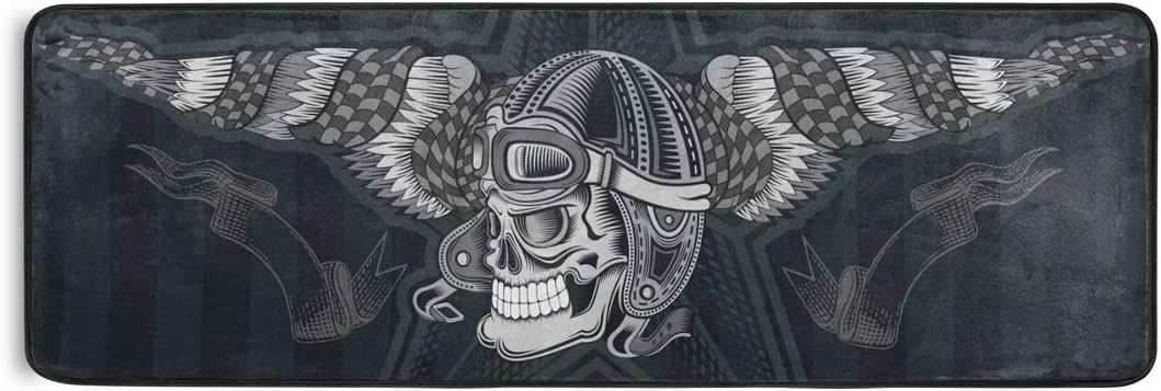 Skull with Vintage Motorcycle Runner Rug Floor Mat Non-Skid Kitchen Rug Soft Area Rug for Bathroom Entryway Hallway Dining Living Room