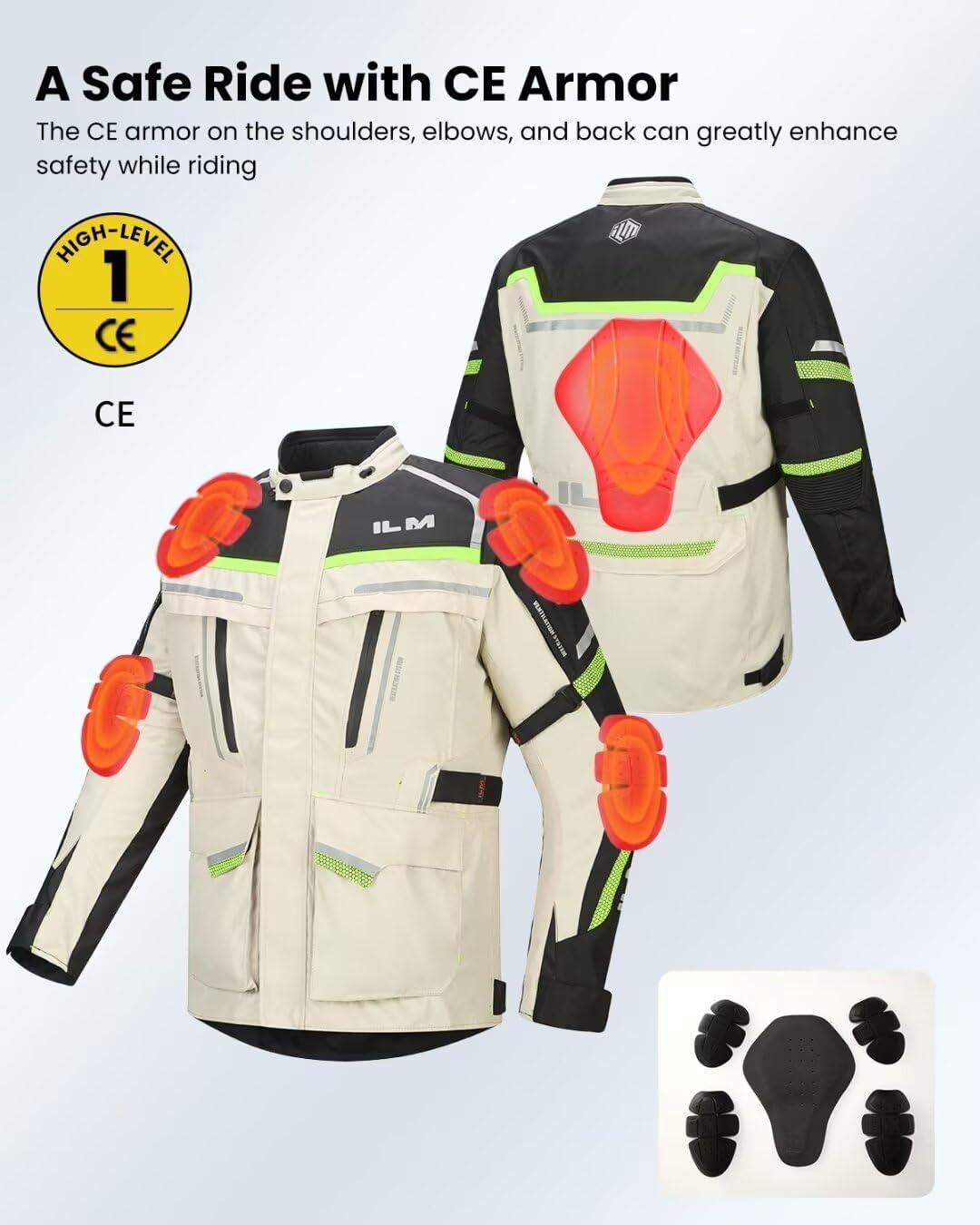 ILM Men's Street Motorcycle Jacket with CE Armor and Detachable Thermal Liner All Season Waterproof Adventure Touring Jackets Model JRL3 Cream, L - Image 7