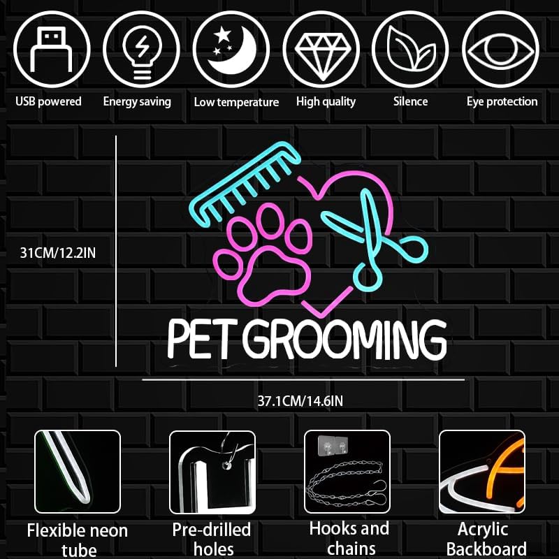 Pet Grooming Neon Sign for Wall Decor, Dimmable Paw Grooming Salon Neon Light, USB Powered Dog Grooming Led Light Up Open Sign for Pet Shop,Pet Hospital,Pet Salon Store Wall Art - Image 2