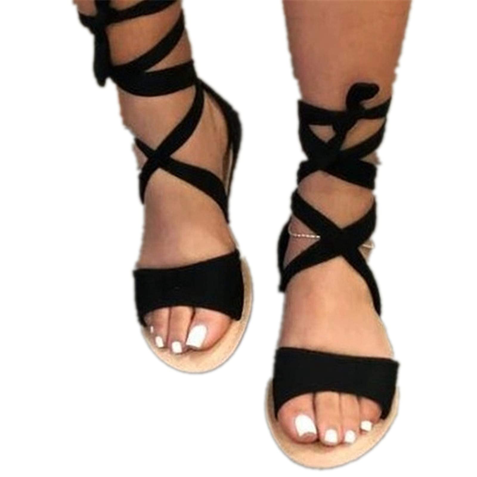 ZBYY Women's Summer Flat Sandals,Lace Up Comfy Roman Casual Summer Beach Sandals Gladiator Flat Sandals for Women