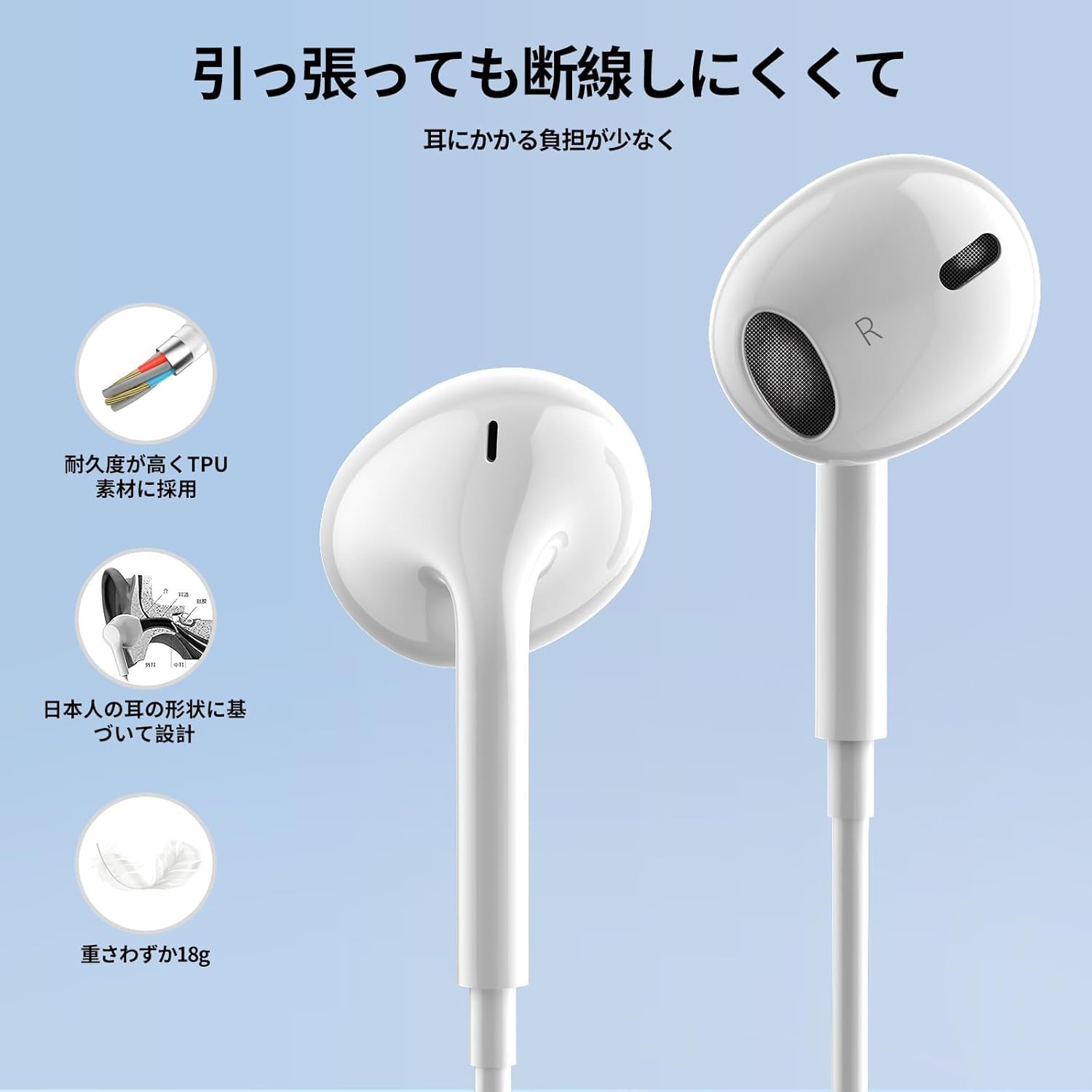 ホワイト 有線イヤホン 音量調整付き 有線イヤホン 3.5mmジャック HIFI音質