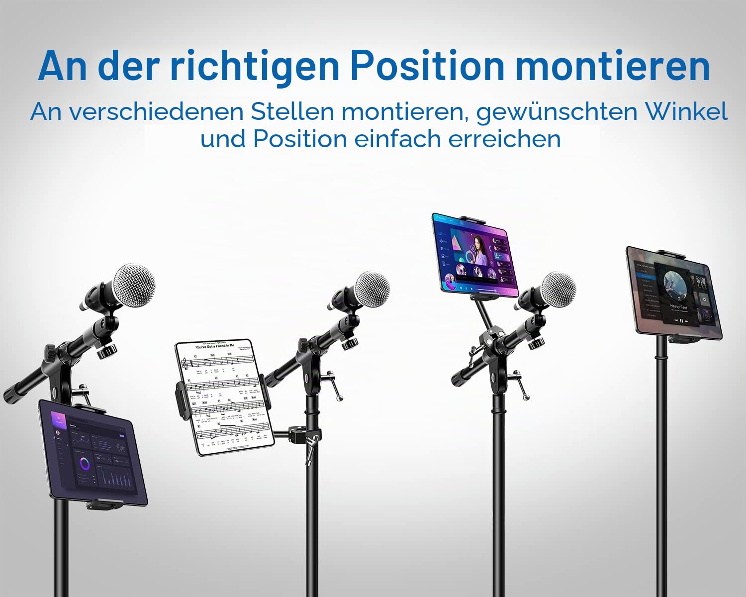 elitehood Aluminium iPad Halterung Mikrofonständer, Seite Tablet Halter Mic Ständer, Verstellbarer 360° Drehbar Tablethalter Mikrofon Ständer mit iPad Pro 12.9, Air, Mini, Mehr 4-12.9” Geräte