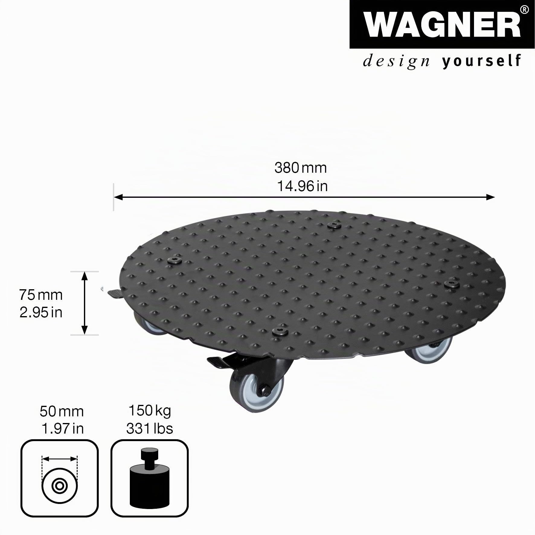 Wagner Soporte con Ruedas para Plantas Alaska Black Ø 38 x 7,5 cm I Carro para Uso Exterior + Interior I Base de Aluminio, Negro I 2 Frenos I Carga MAX. 150 kg I Fabricado en Alemania - 20700601
