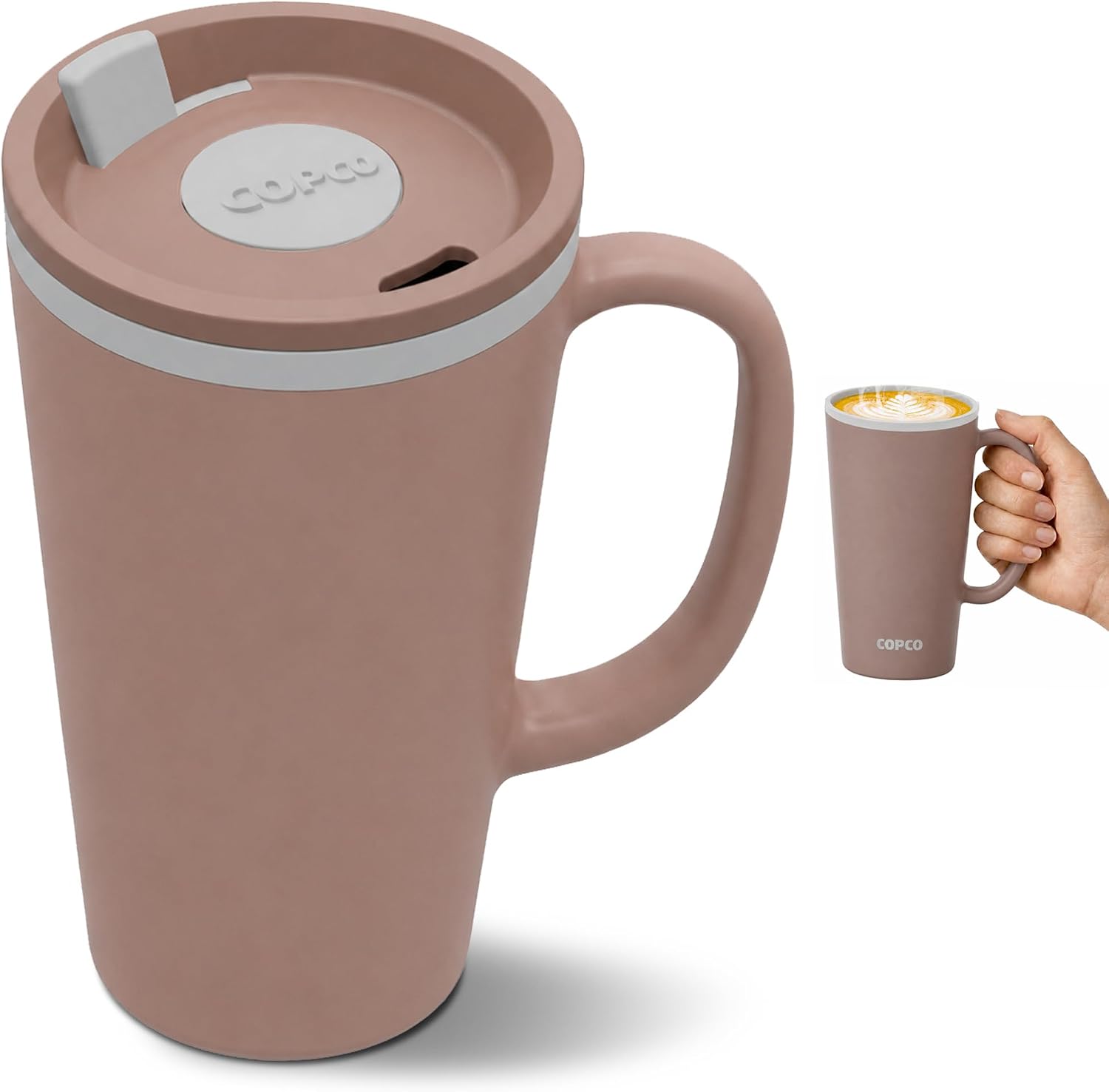 Copco 16 Oz Cone Desk Mug - Twist-Off Lid, Handle & Slide Tab (Brown)