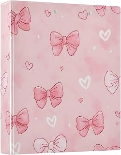 3 Ring Binder White Pink Bow Heart 1.5 inch Binders Three Ring Binders with Clipboard Fit 8.5'' x 11'' Paper 3 Interior PVC Clear Pockets for Office Supplies
