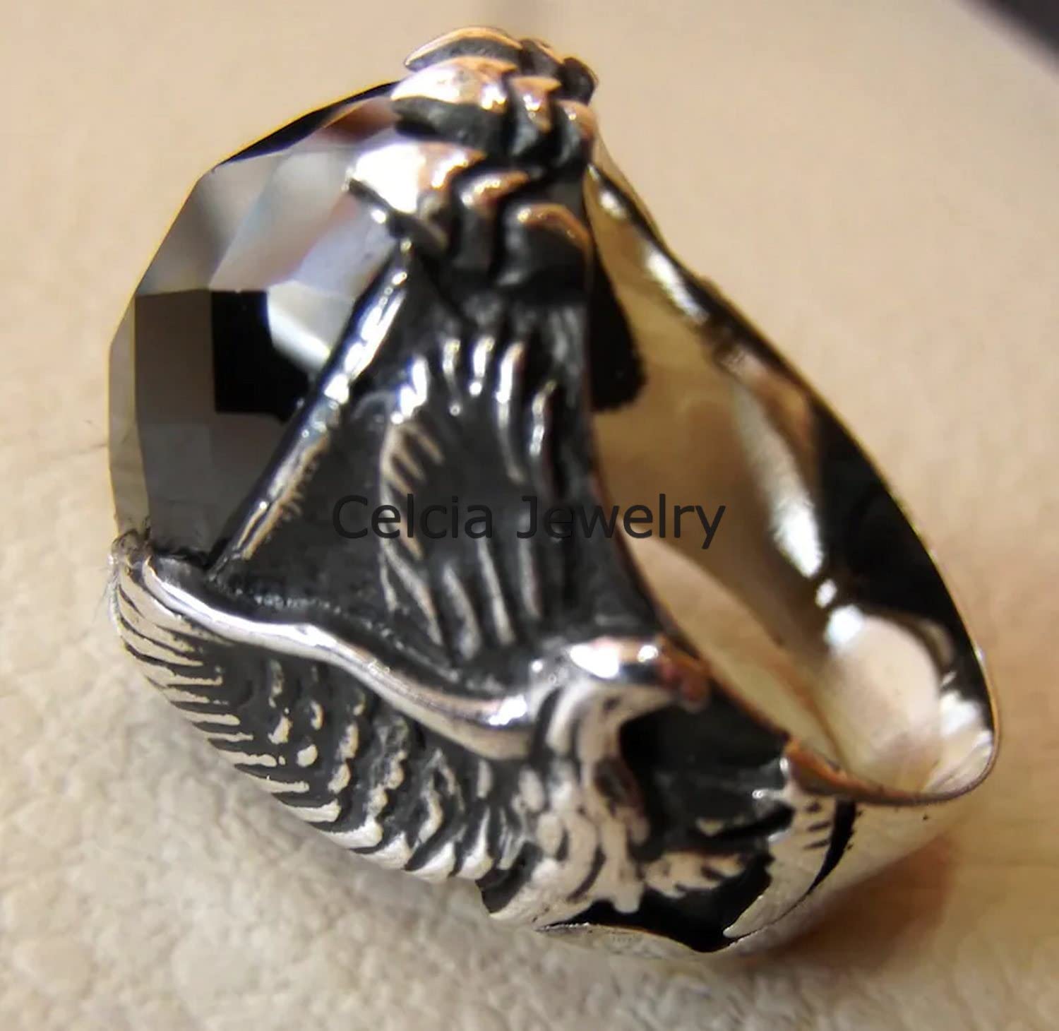 Ametista pizzo agata pietra preziosa naturale unico Aquila Anello con sigillo di dichiarazione, gioielli ossidati argento antico classico, regalo del giorno dei padri, pietra di nascita di febbraio