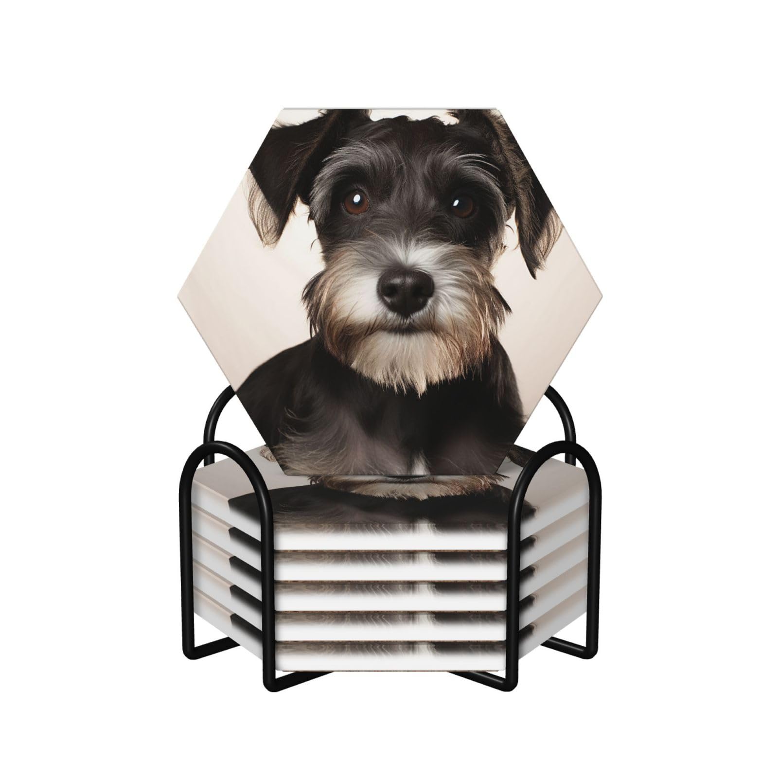 6Pcs Ceramics Coaster for Drinks, Cute Schnauzer Cup Coasters with Holder, Aesthetic Drink Coasters for Coffee Table, Absorbent Round Coaster for Tabletop Protection 4" Cup Mat Pad