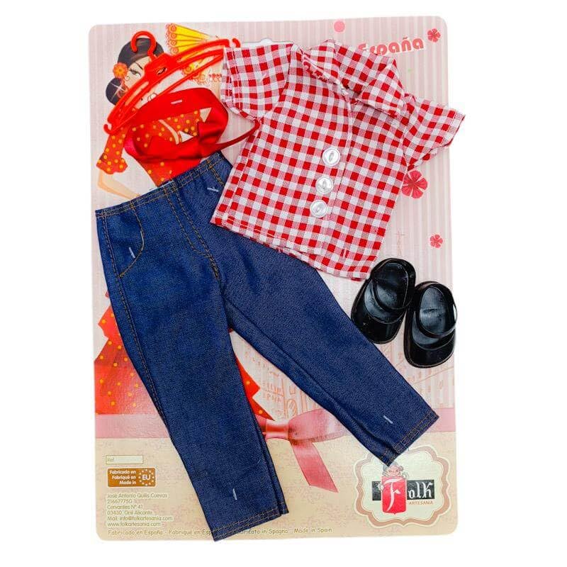 Vestido colección 2023 pantalón Jeans, Camisa Cuadros y par Zapatos para muñeca Sintra, Simona, Mari's, Pepa's o Naia 41 cm. Fabricado en España por Folk Artesanía. Muñeca no incluida en el Lote.