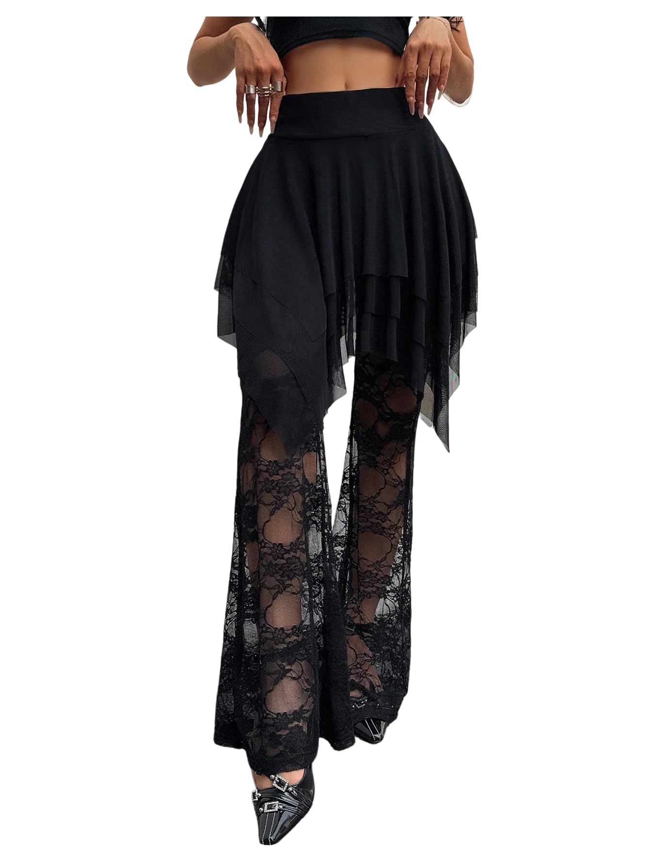 Verdusa Womens Plus Size Lace Floral Flare Pants Mesh Sheer Flowy Rave Trousers