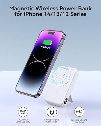 Miniatura 2 de weetla Paquete de batería magnética pantalla digital LCD de 10000 mAh banco de energía inalámbrico plegable con soporte cable USB-C cargador