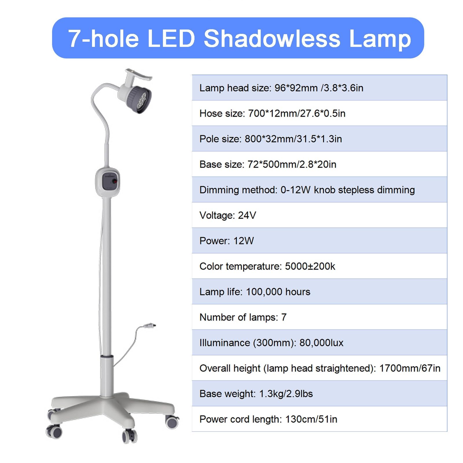 12W Medizinische Untersuchungslampe Schattenfreie Lampe mit Mobilem Sockel und Rädern Höhenverstellbar Stufenloses Dimmen