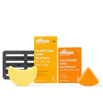Ethique Beauty Clarifying Shampoo & Conditioner Bar + Storage Tray Set for Oily Hair & Build-up with Castor Oil - Plastic-Free, Vegan, Cruelty-Free