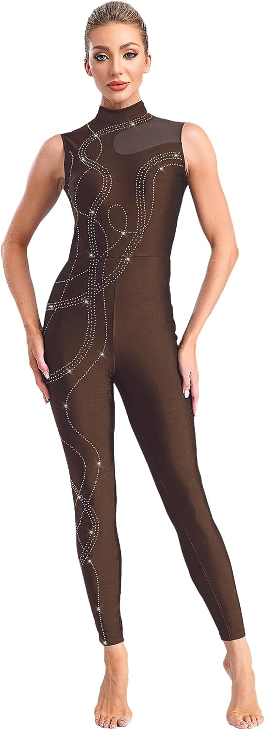 Women Shiny Rhinestone Gymnastics Unitard Keyhole Back Bodysuit One Piece Long Sleeve Dancewear