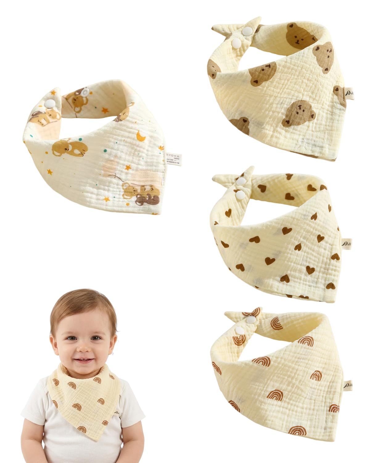 Bavaglini Neonato 100% Cotone Mussola Set Assorbenti Traspiranti Regolabili Orsetto Cuore Arcobaleno Koala