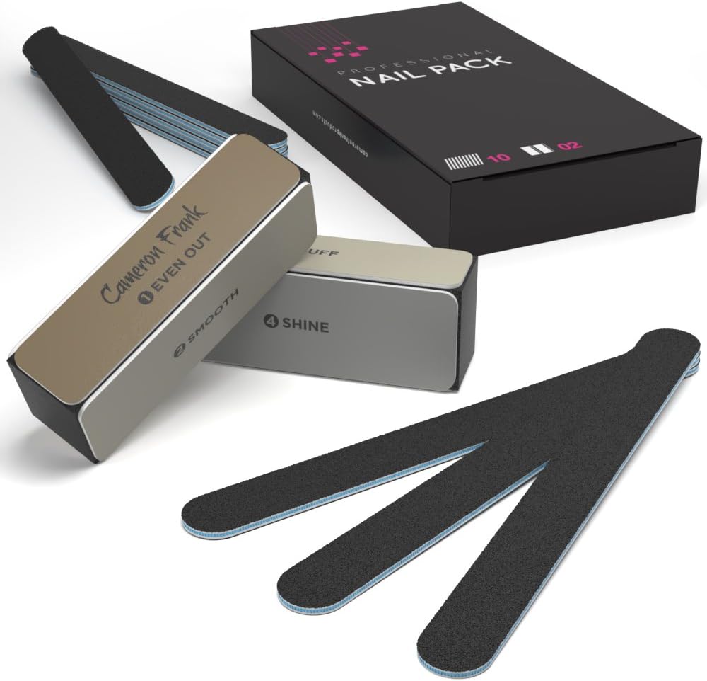 100/180 10 pack Nail File / Emery Board with 2 Piece Buffer Block Set - For Smooth & Shiny Nails - Home or Professional Manicure / Pedicure Kit