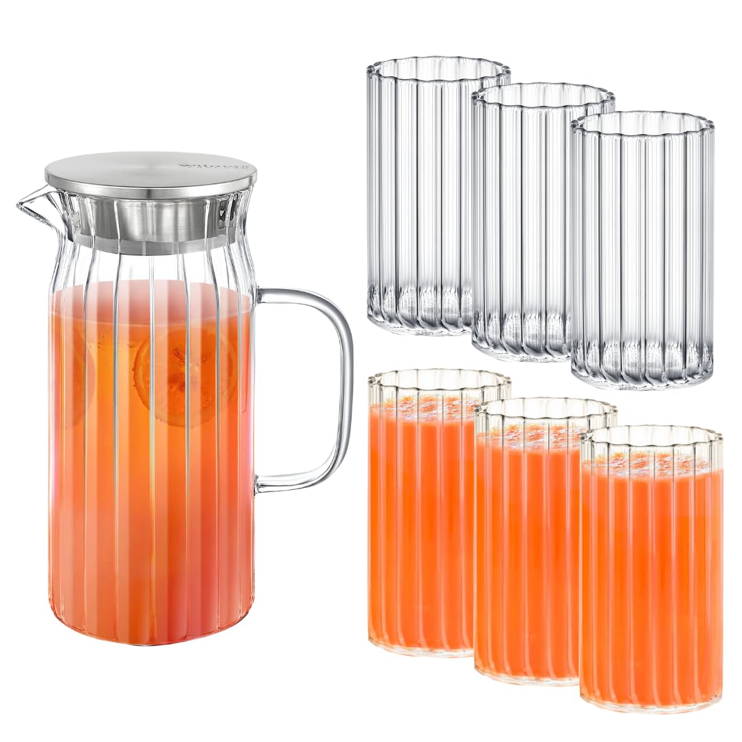 Wilmax - Caraffa in vetro da 1 l con 6 bicchieri da 250 ml in un set - Coperchio in acciaio inossidabile - Caraffa in vetro striato - Brocca per succhi, acqua, tè freddo, latte