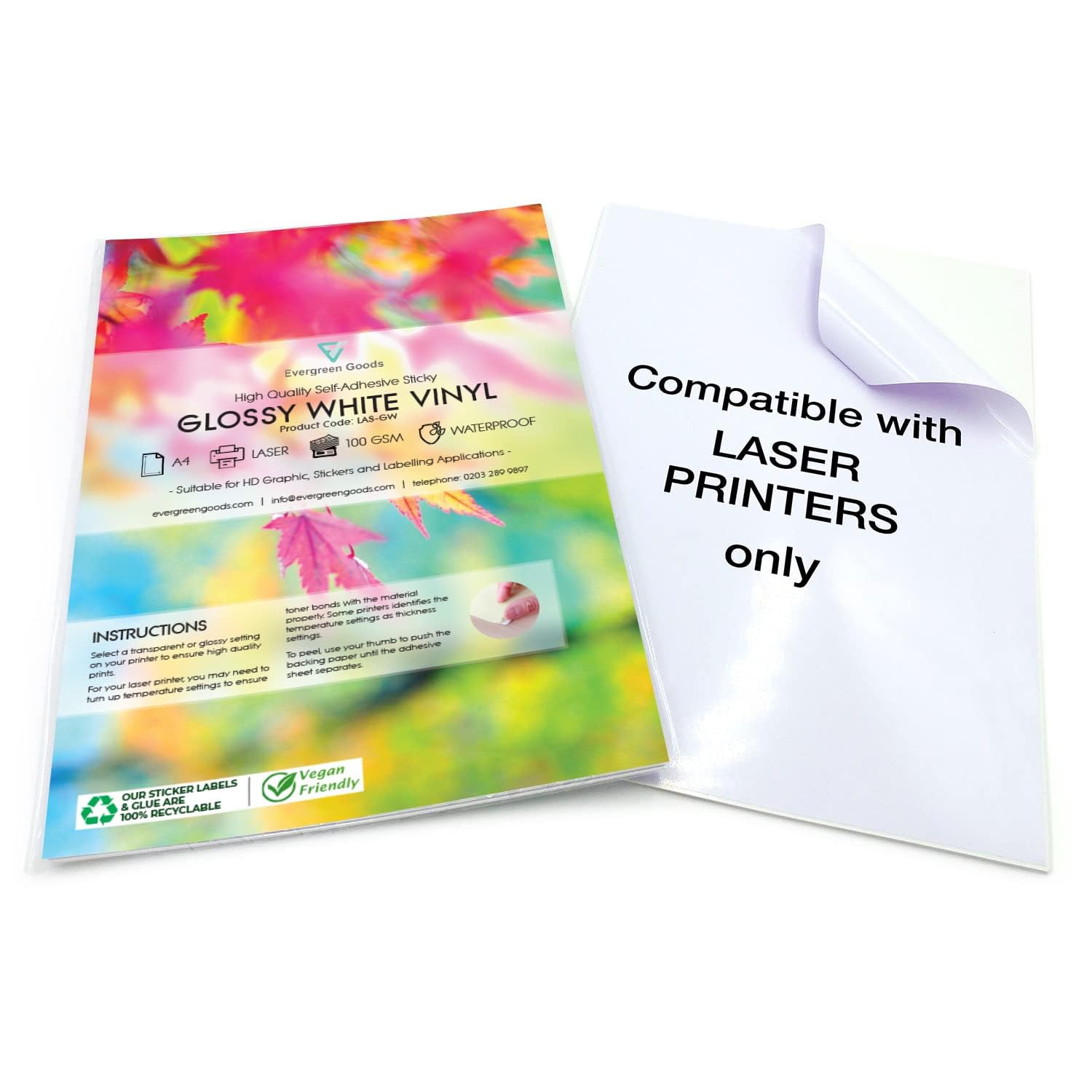 Evergreen Goods Ltd 20 feuilles A4 blanc brillant imperméable (PVC) papier autocollant vinyle, compatible avec les imprimantes laser, papier d'impression autocollant haute definition