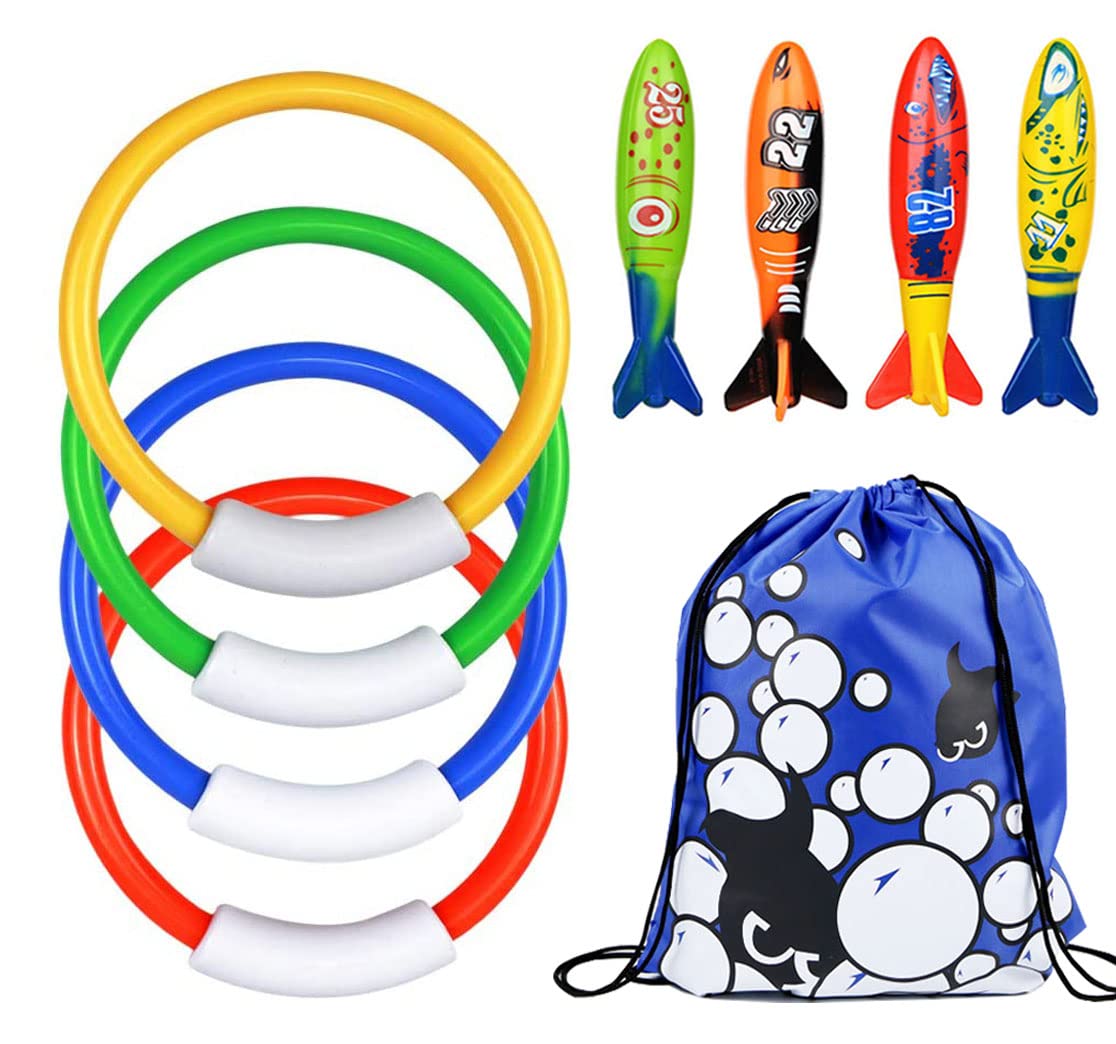 XndryanDiving Pool Toys, Underwater Diving Toys Set Includes 4 Pcs Toypedo Bandits, 4 Pcs Diving Rings, Fun Swimming Toys for Pool