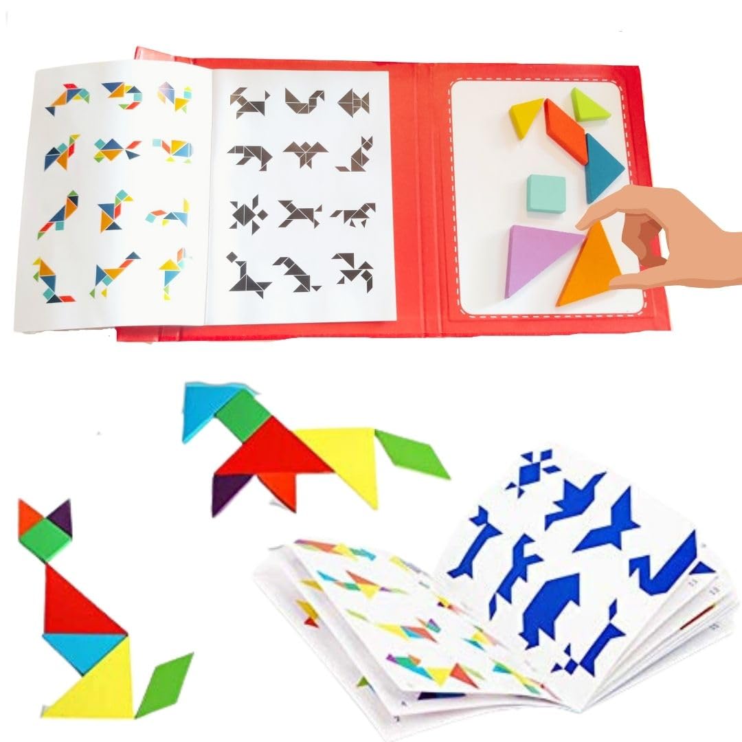 PLUSPOINT Wooden Tangram Travel Game Pack of 2 Magnetic Puzzle Book Game Tangrams Jigsaw Shapes with Solution Traveler Challenge IQ Educational Toy for 3-99 Years 1