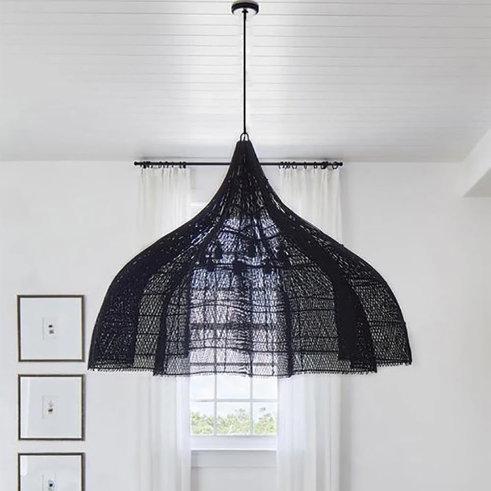 SMCCYYSD 23.6inch Farmhouse Chandeliers for Dining Room,4-Light Rattan Boho Chandelier Light Fixture,Hand Woven Large Room Fixture Kitchen Bedroom Island Hallway, Black