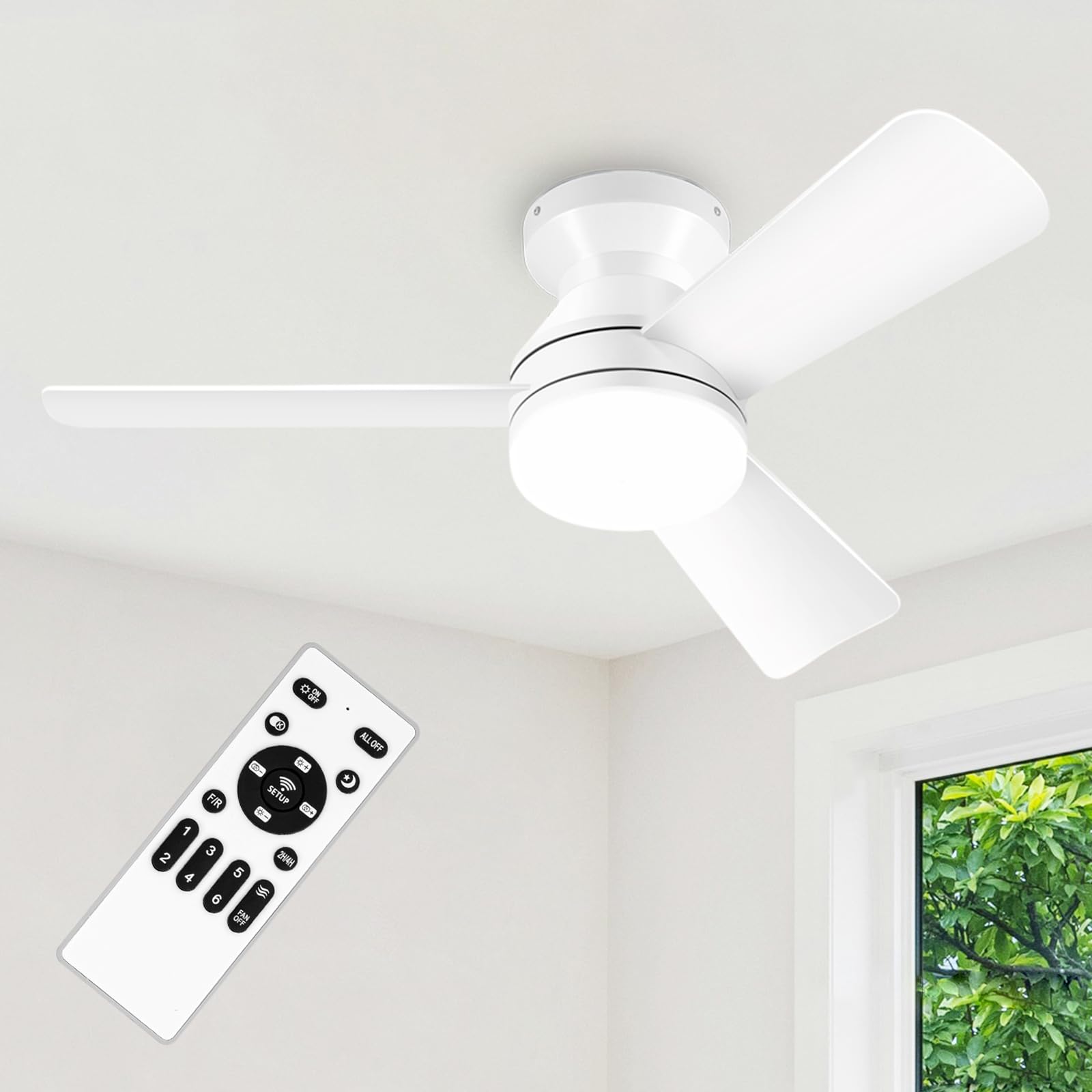 Photo 1 of ZOUQILAI 35" White Ceiling Fans with Lights and Remote, Low Profile Ceiling Fan with Light, Reversible DC Motors, 3CCT Dimmable Timer Noiseless, Flush Mount Ceiling Fan for Bedroom/Living Room