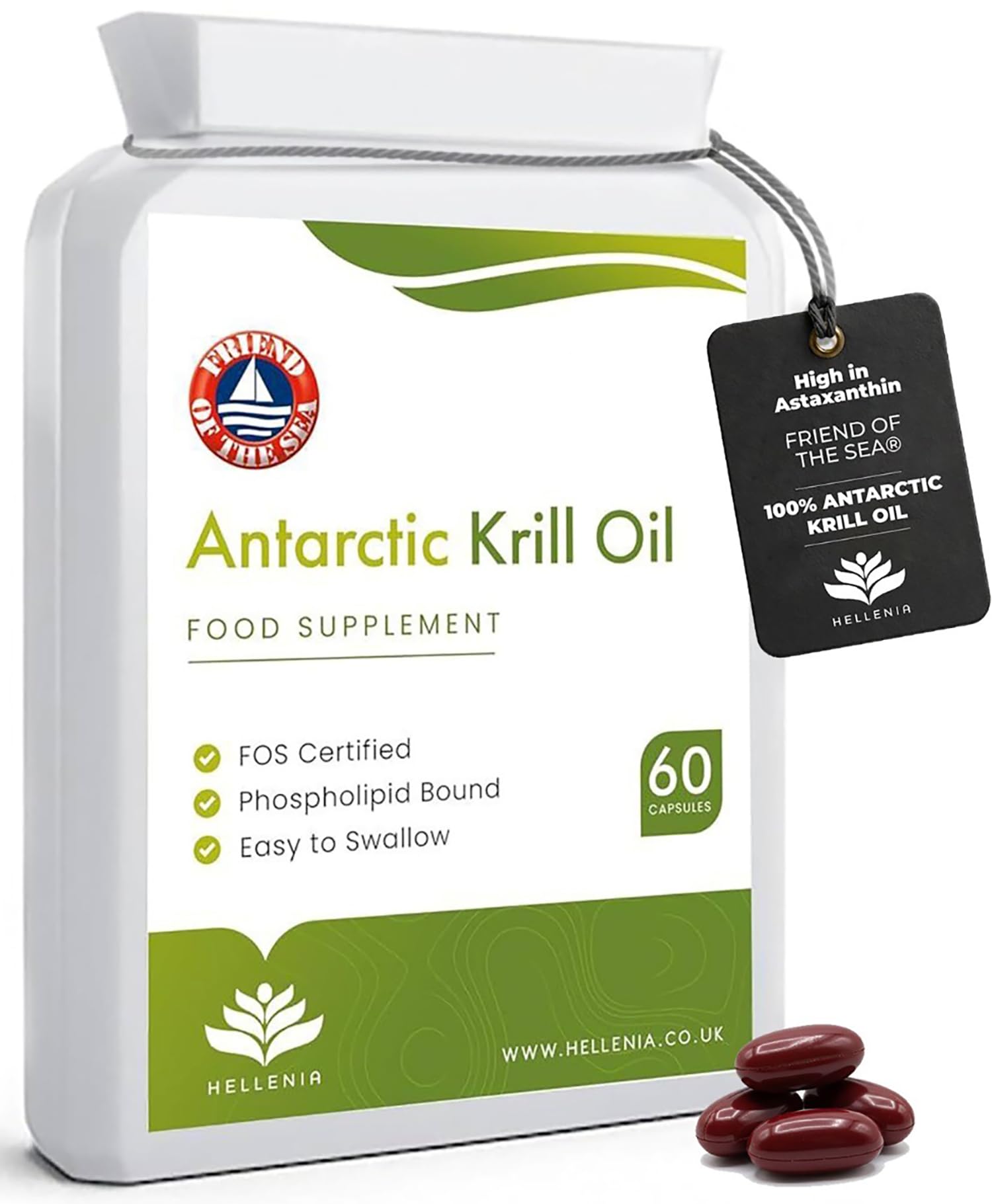 100% Antarctic Krill Oil Capsules 500mg | Natural Source of Astaxanthin & DHA | 1 Month Supply | Krill Oil with Powerful Antioxidant Astaxanthin and Phospholipids | 60 softgels Made for Hellenia