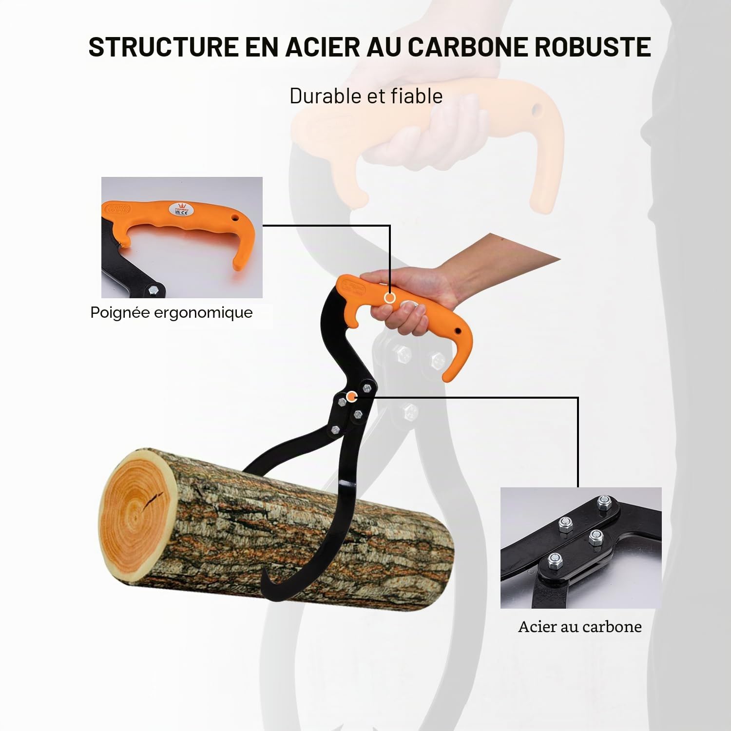 TOPWAY Pince à Bûches de 300 mm, Pinces de Levage de Grumes, Acier au Carbone, Manche en TPR, Outil Forestier pour Tirer, Soulever et Déplacer des Morceaux de Bois 331231