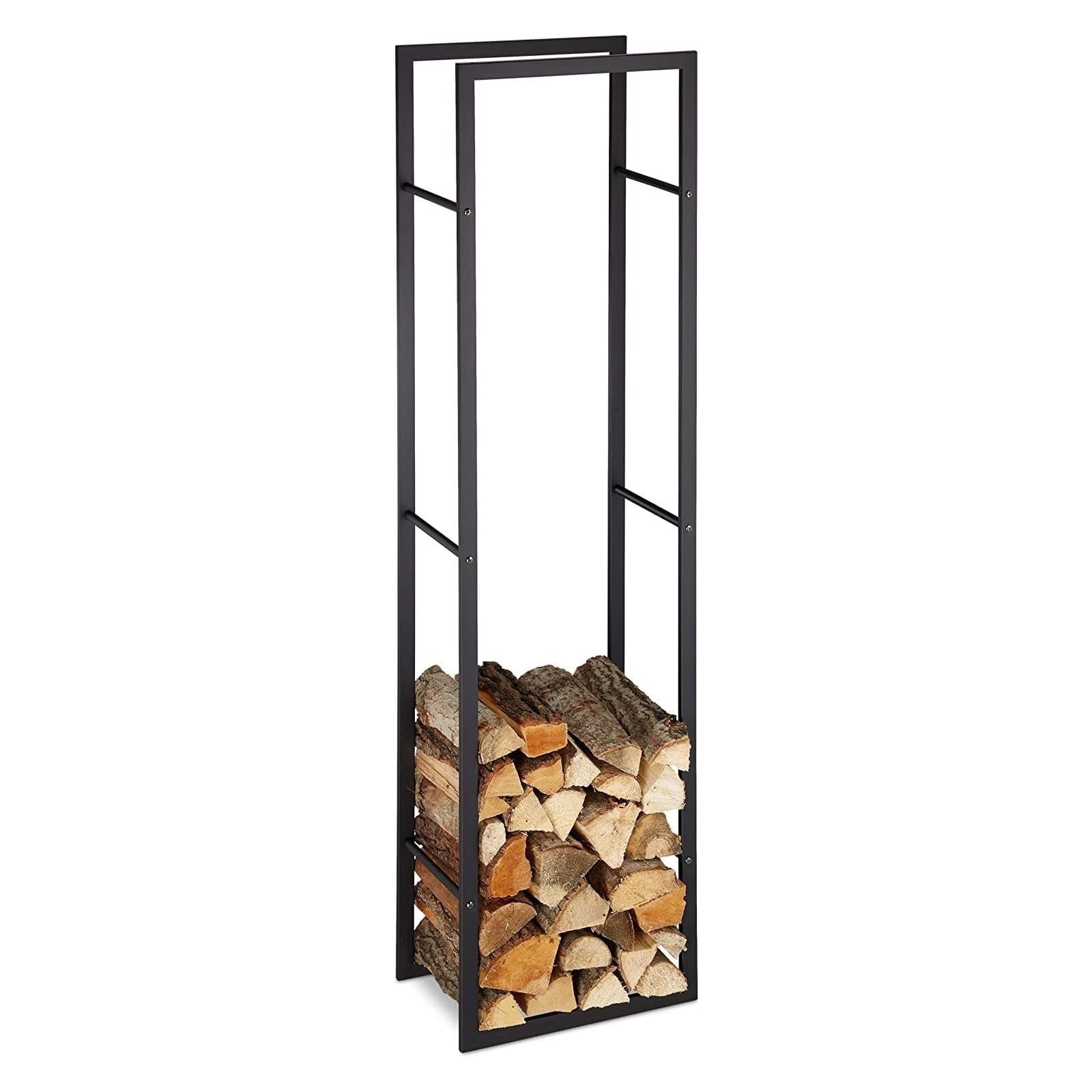 Leñero Alto de Metal para Interior, Soporte de Leña para Chimenea y Estufa, Estantería para Troncos, Negro, Secado y Apilado de Leña