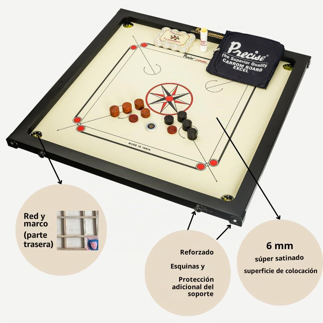 Carrom Original 6 mm Chroma Excel Juego profesional completo patentado, hecho a mano en la India, para 4 jugadores a partir de 9 años