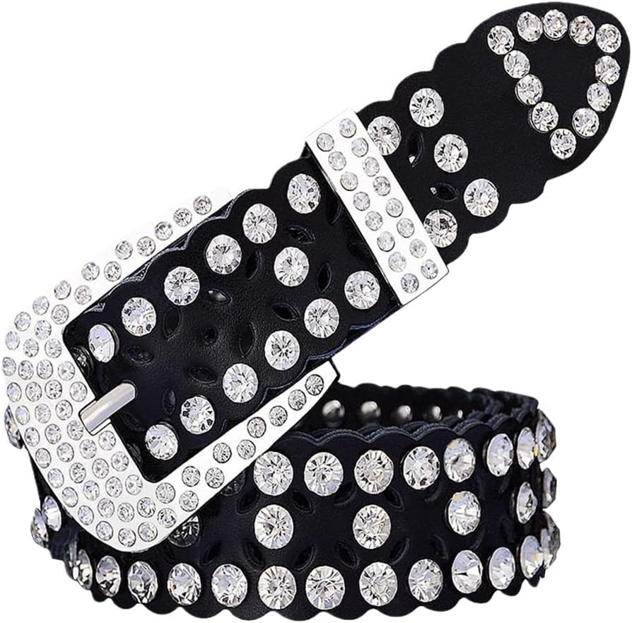 Rhinestone Genuine Leather Belts For Women, Luxury Pin Buckle Cow Skin Waist Strap Belt