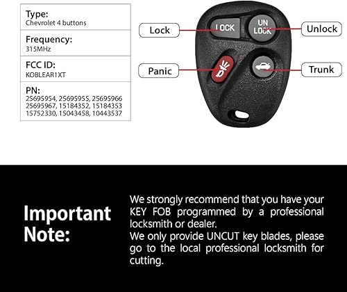 Miniatura 3 de Repuesto para Buick Cadillac Chevrolet GMC Oldsmobile Pontiac 2004 2005 2006 2007 Control remoto KOBLEAR1XT 4 botones 315MHz