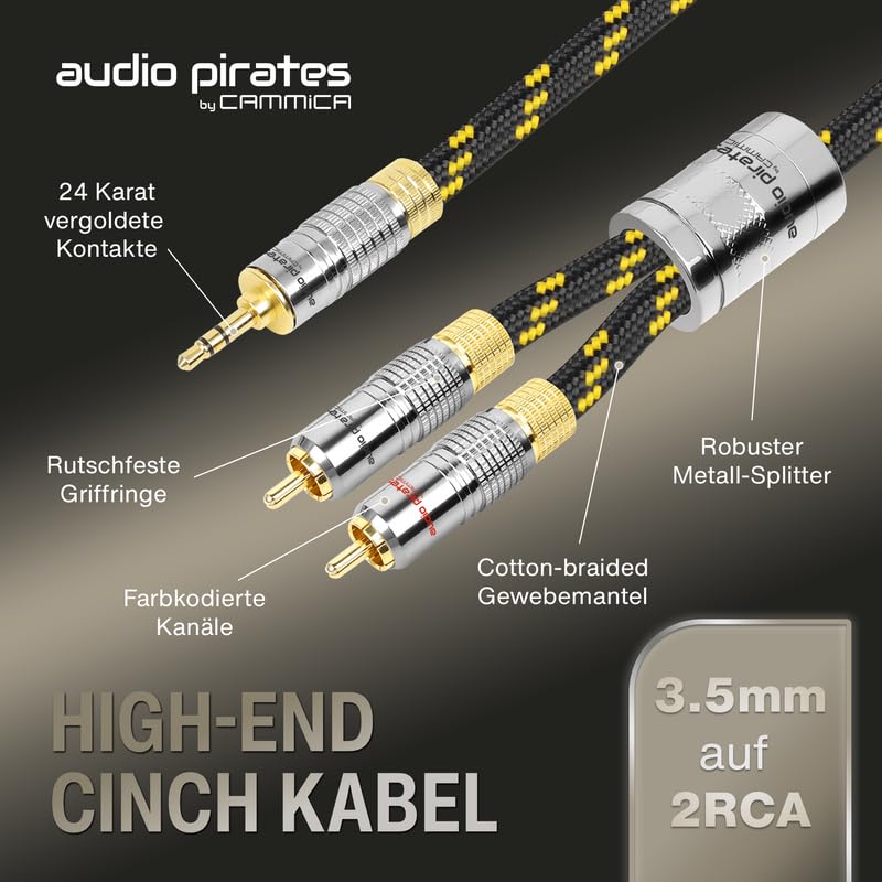 audio pirates by cammica - Cavo splitter jack da 3,5 mm su 2 connettori RCA Clinch, cavo RCA, cavo audio di fascia alta con alloggiamento in metallo e contatti in oro (3 metri)
