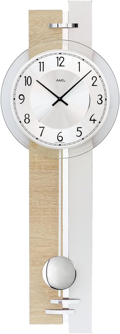 AMS 7441 Wanduhr Design – Holzgehäuse, Silbernes Zifferblatt, Quarzwerk, Pendel, 67x23x7 Cm
