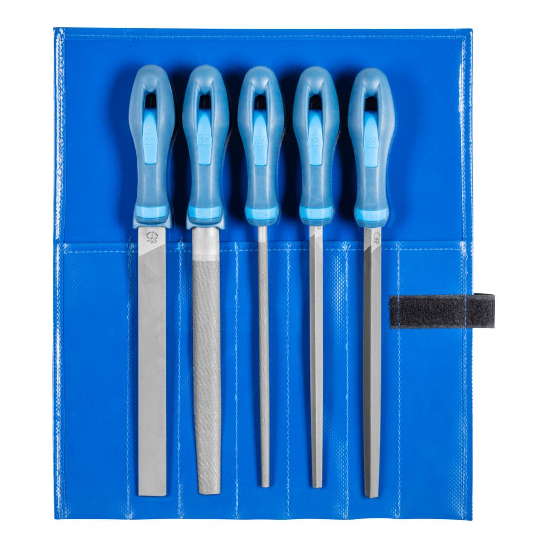PFERD TOOLS Werkstattfeilen-Set in PVC-Rolltasche, 5 Feilen, Kreuzhieb H1, 200mm, 11800531 - für die grobe Zerspanung und zum Schruppen geeignet