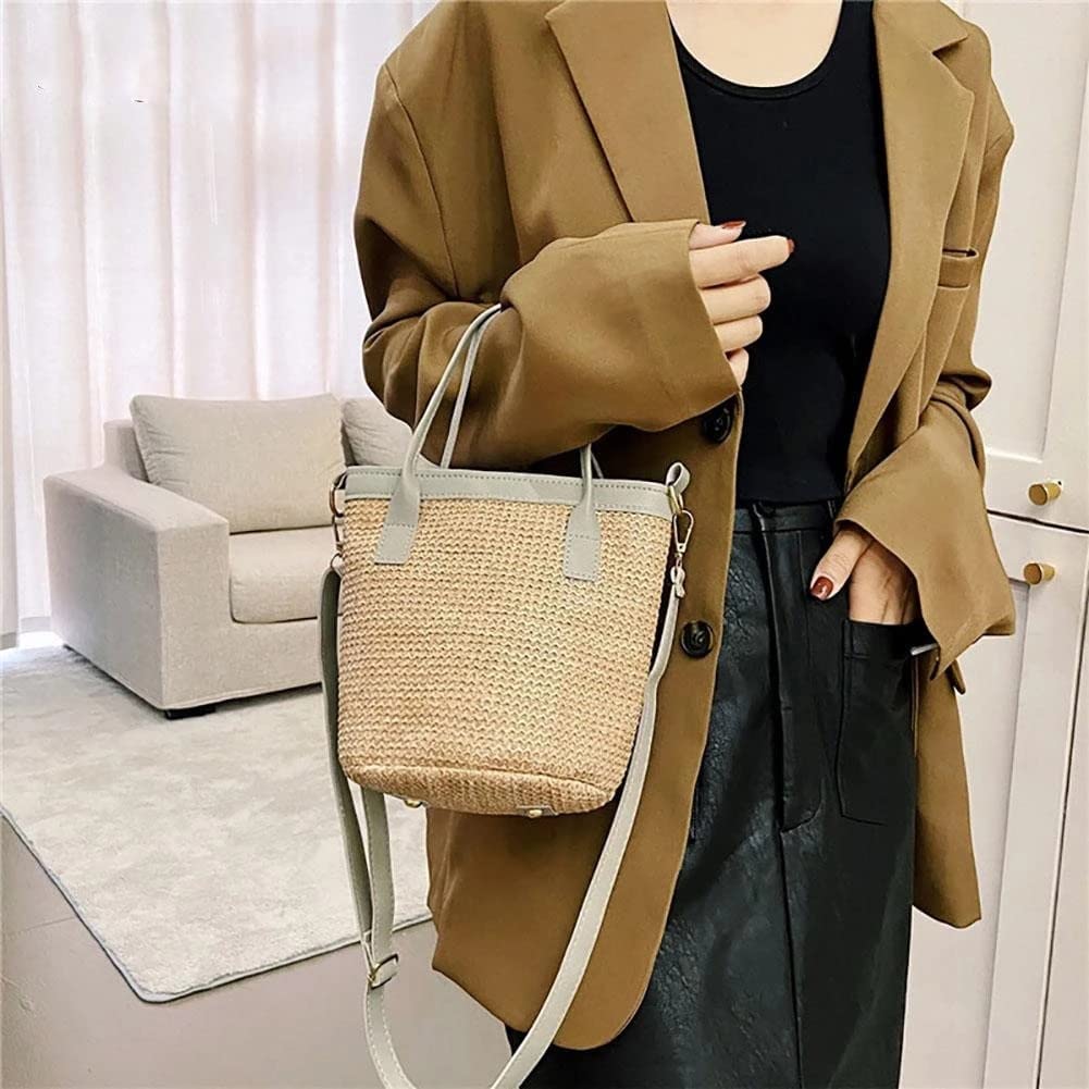 Torba Słomkowa Torebki Tkane Ze Słomy Damskie Wiadro Przenośne Uchwyty Na Co Dzień Wakacyjna Torba Ramię Crossbody Dla Kobiet(Gray belt)