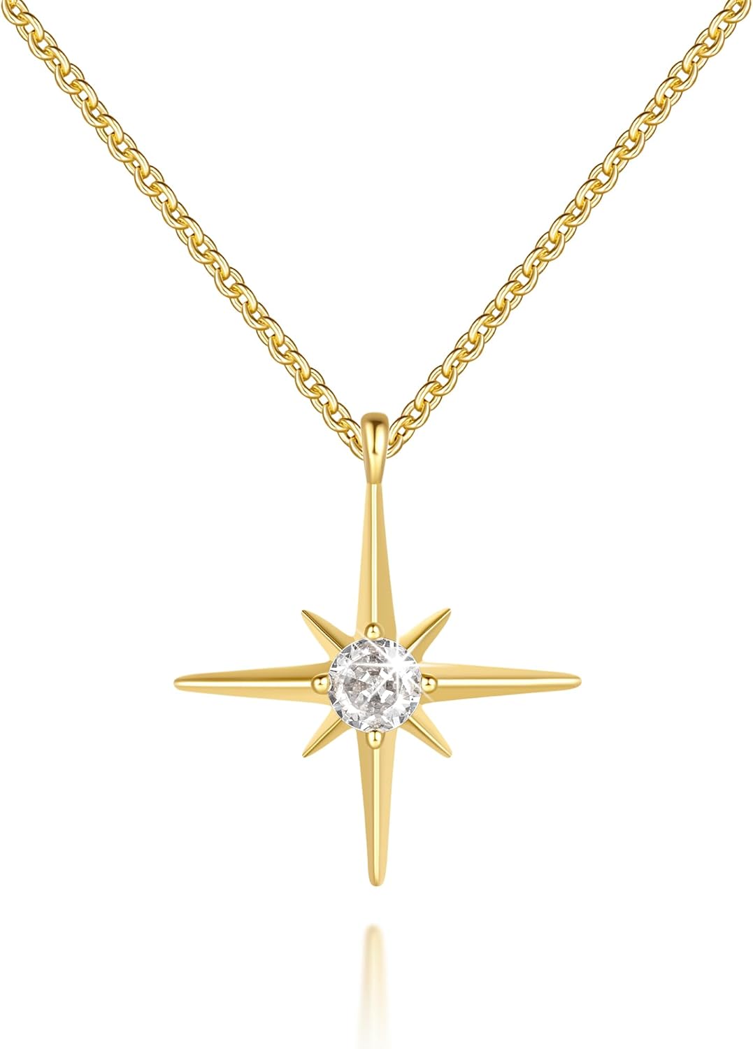 FENIMI Gold Necklace for Women 14K Gold Pendant Necklaces for Women North Star Necklace Pendant with Cubic Zirconia Gentle and Beautifully Bright Dainty Chunky Star Jewelry for Womens