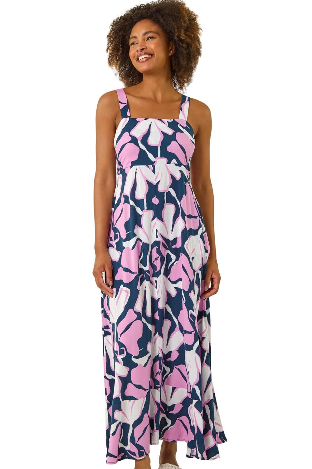 Roman Originals Women's Navy Floral Strappy Maxi Dress For Uk - Everyday Holiday Spring Summer Square Neckline Comfy Soft Evening Vacation Work Party