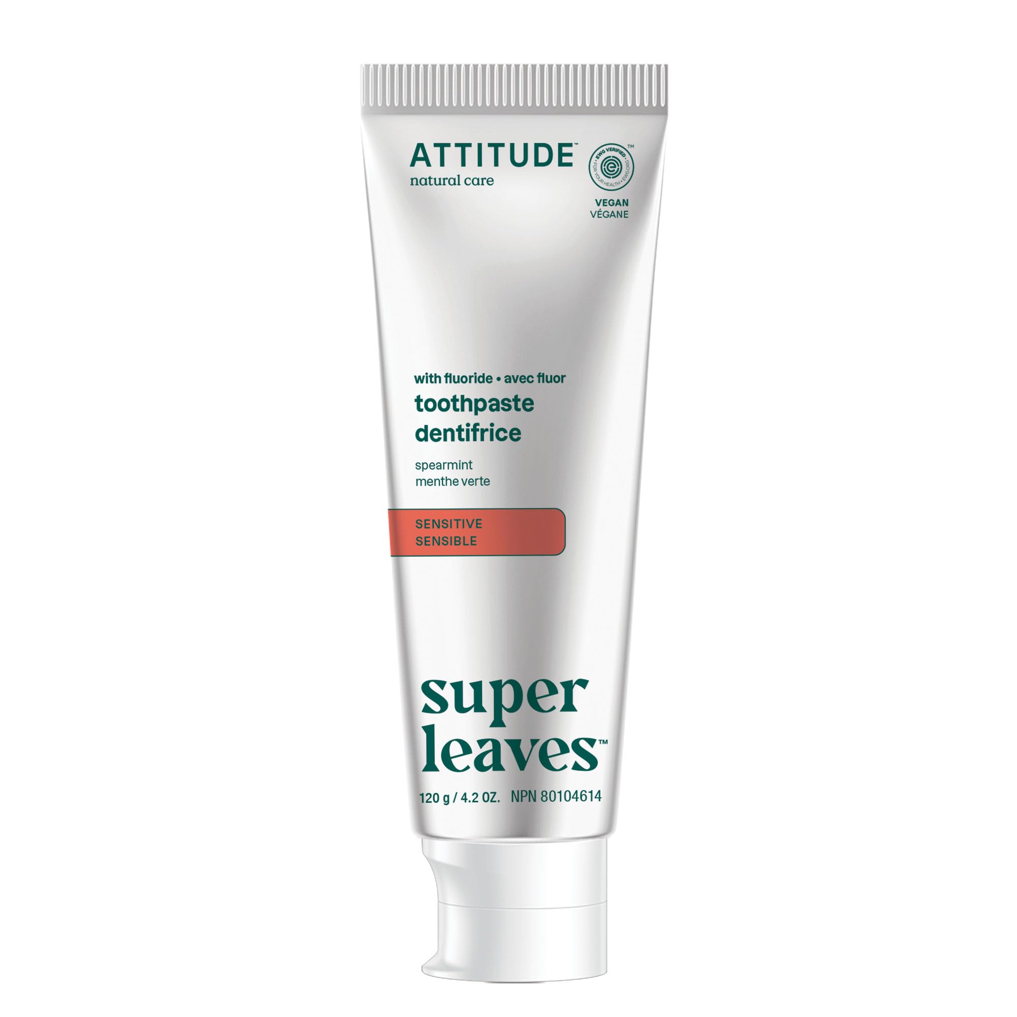 Attitude Sensitive Toothpaste with Fluoride, Spearmint Flavor, Vegan & Cruelty-Free, Sugar-Free, Plant & Mineral-Based Ingredients, Clean Oral Care, 4.2 Oz