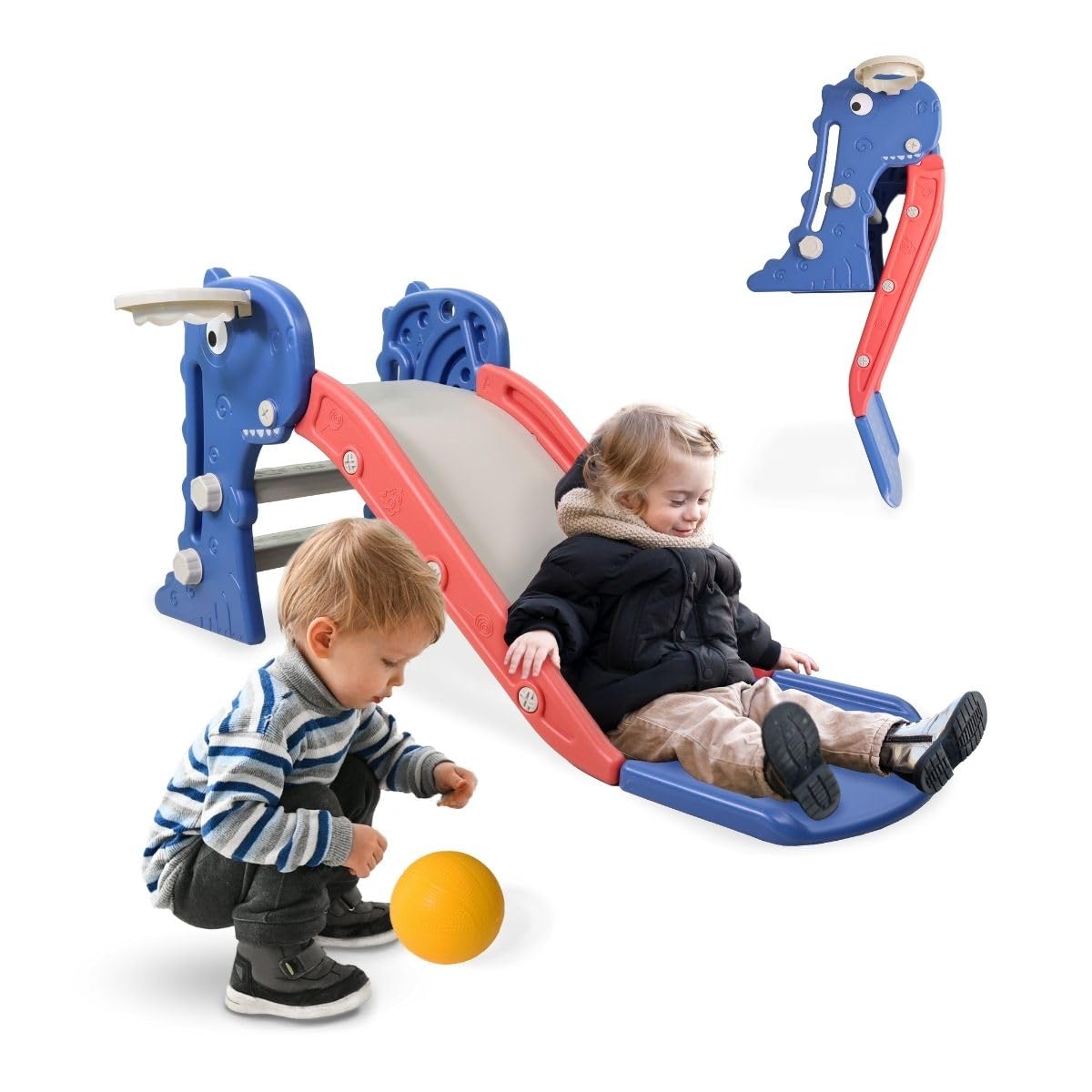 Mobiclinic® Kids, Tobogán infantil, Dino, Plegable, Incluye cesta y pelota. Bordes redondeados, Antideslizante, Máx. 35 kg, Estable, Seguro, Fácil montaje, Para Interior y exterior, Azul