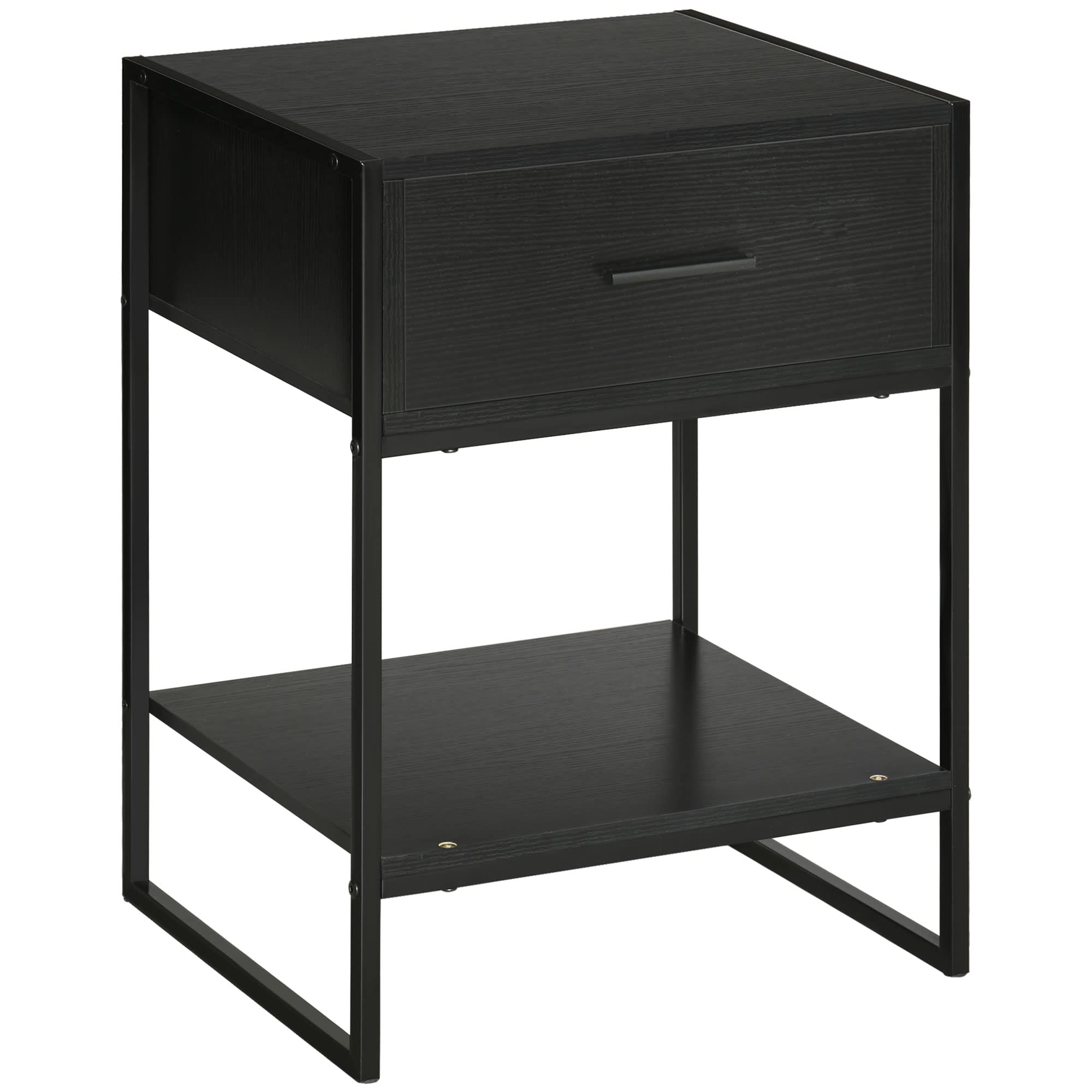 HOMCOM Mesita de Noche Mesa Auxiliar con Cajón y Estante de Almacenamiento para Dormitorio Salón Cama Oficina Estilo Moderno 45x40x60 cm Negro