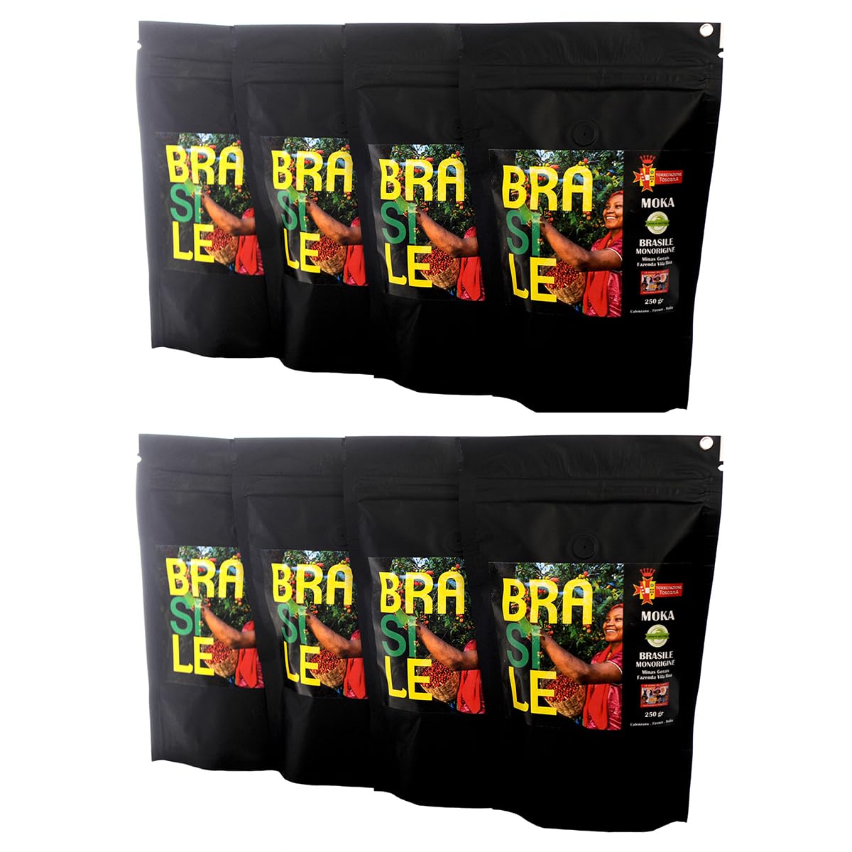 Caffe macinato per moka monorigine Brasile, 100% arabica, dolce, pack da 8 x 250 g, tostato medio