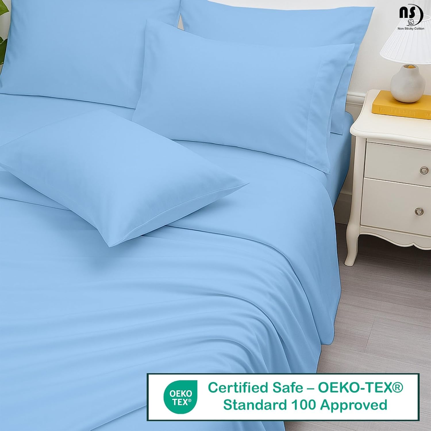 NON Sticky cotton Premium 6 Piece Egyptian Cotton Fitted Queen Sheet Set, Hotel Quality Soft Breathable Bedding Sheets, 16" Deep Pocket, 60" X 80", Light Blue Solid