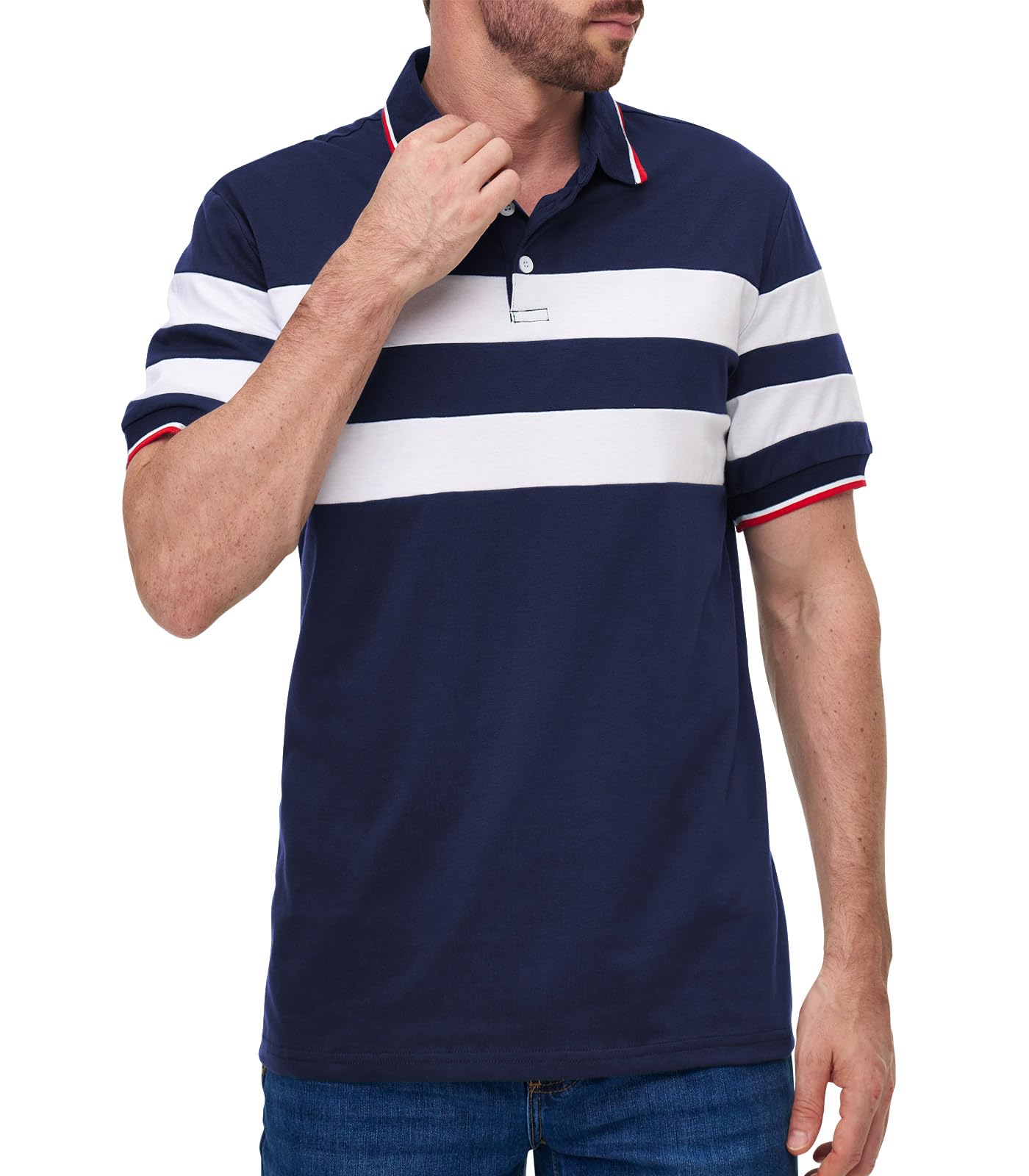 Zetieny Poloshirt Herren Kurzarm Freizeit Polohemd Gestreiftes Patchwork Polo Tops Basic Golf Sports T-Shirts