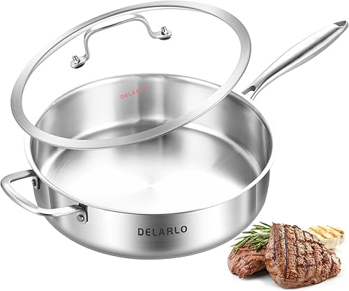 Miniatura 6 de DELARLO Sartén de Acero Inoxidable de Tres Capas de 3QT con Tapa, Sartén Profunda de 12 Pulgadas, Sartén Grande de Inducción, Sartén de Cocina, Apto