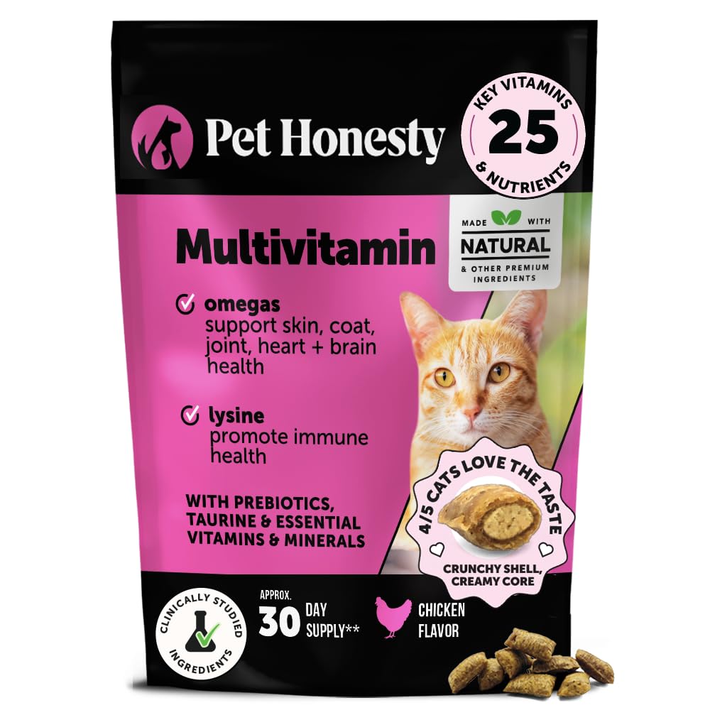 Pet Honesty Cat Multivitamin Crunchy & Creamy Chews - Cat Treats for Health + Immune, Joint Support, Skin & Coat, & Digestion - Vitamins with Omega 3s, Lysine & Probiotics (30 Day Supply)