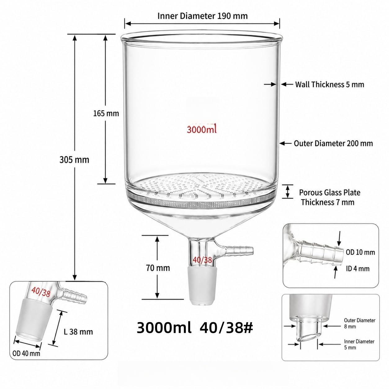 Lejek Büchnera Porowata Płytka Szkło Pojemny Filtr Próżniowy Lab-40/38# 3000ml