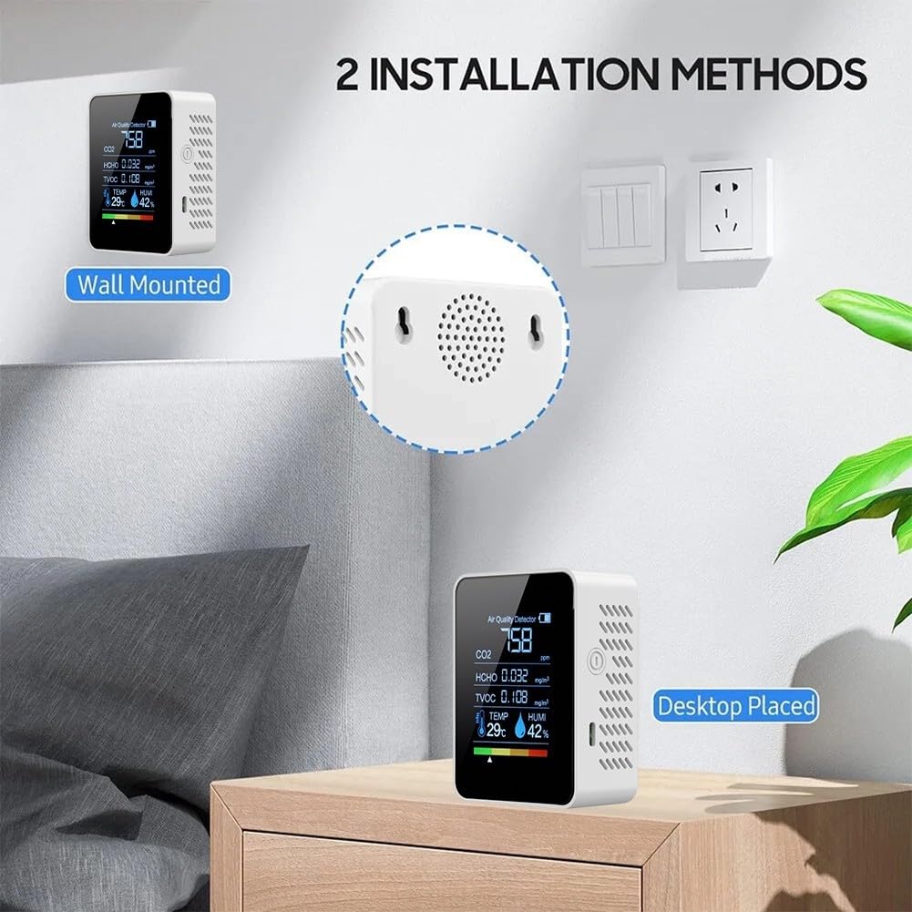 Détecteur de dioxyde de carbone 5 en 1, compteur de qualité de l'air, kit de test d'air, température et humidité, moniteur de dioxyde de carbone HCHO TVOC pour la maison et l'intérieur