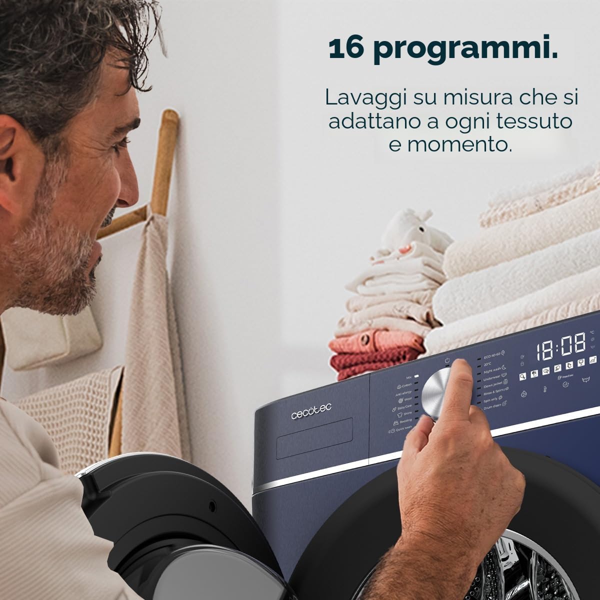 Cecotec Lavatrice 8 Kg Carico frontale Bolero DressCode 8800 Inverter Ice Blue A. 2000 W, 1400 giri/min, 16 programmi, basso consumo, motore inverter Plus, SteamMax, ricarica automatica e display