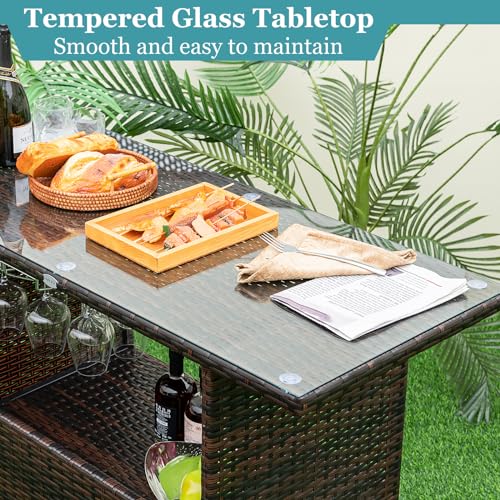 COSTWAY 3PCS Outdoor Rattan Bar Set, Metal Frame Dining Table and Bar Stools with Storage Shelves, 3 Goblet Racks, Glass Tabletop and Footrests, Counter Height Wicker Bistro Set for Deck Poolside - Image 2